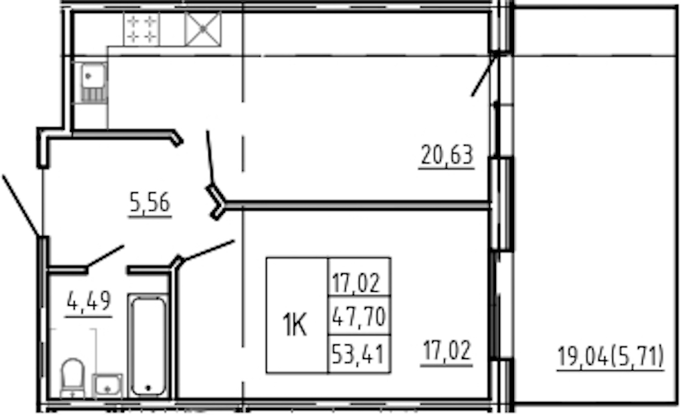 1-комнатная квартира 53.41 м², 1/5 эт., Комплекс апартаментов «Bereg. Курортный»